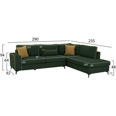 Kënd divan DIVA HM3254.17R, kënd i djathtë, 290x235 cm, pëlhurë kundër ujit, jeshile cypress
