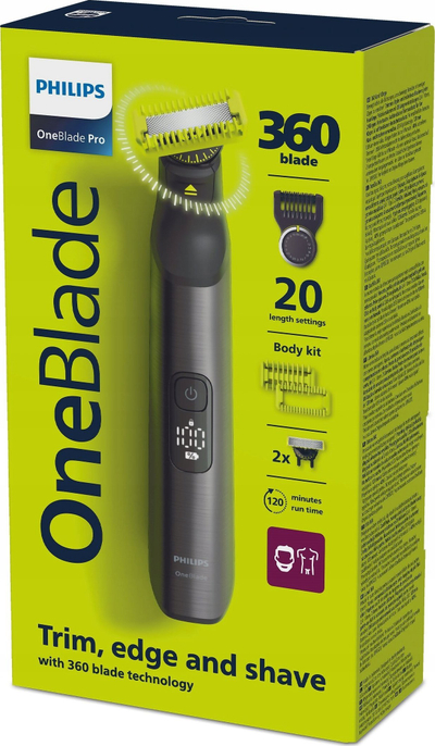 Trimmer mjekre Philips OneBlade 360 QP6552/15, i rikarikueshëm, i gjelbër