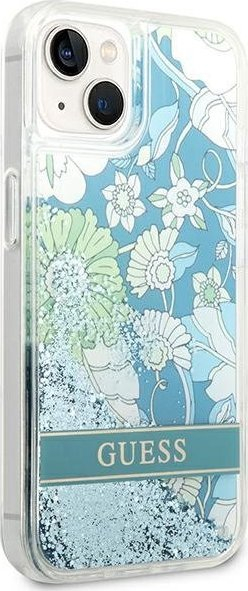 Mbulesë telefoni Guess GUHCP14SLFLSN për iPhone 14, 6.1", me lule Flower Liquid Glitter, jeshile