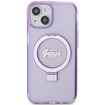 Kllëf telefoni Guess Ring Stand Script Glitter MagSafe, iPhone 15 Plus 6.7", i fortë, lejla