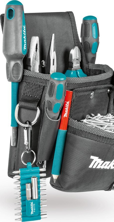 Çantë pune Makita 2 Section Screw Pocket, 2 ndarje, lëkurë dhe poliester, e zezë gri teal