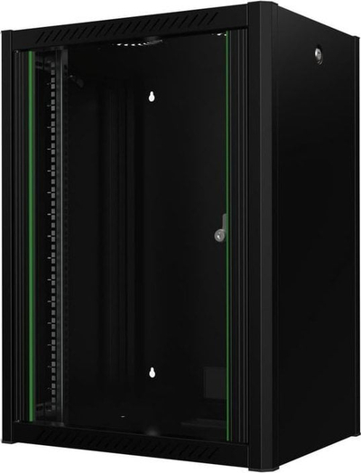 Kabinet rack muri Lanview RWP16U45BL, 16U, me derë xhami, i zi