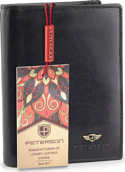 Portofol lëkure për burra Peterson PTN 324 2-1-1, me xhep monedhash me mbyllje, RFID, i zi