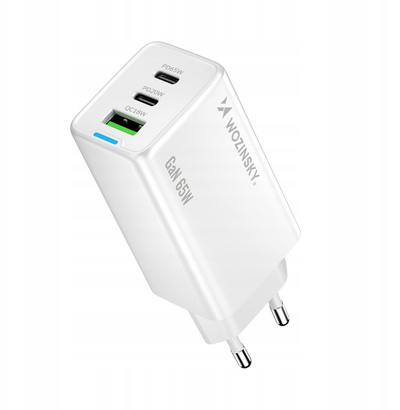 Karikues USB Wozinsky GaN 65W, 2x USB C, USB A, me kabllo 65W, i bardhë
