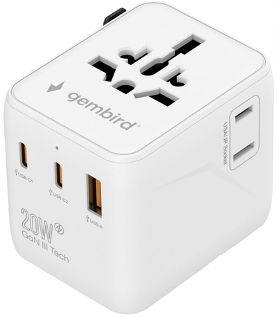 Përshtatës universal udhëtimi Gembird, 20W, 2x USB, USB C, i bardhë