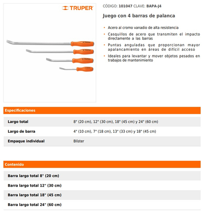 Set leva Truper BAPA J4, 4 copë, çelik krom vanadium, portokalli