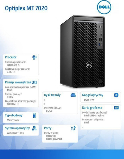 Kompjuter Dell OptiPlex 7020, Intel Core i5 i5-14500, 16GB DDR5-SDRAM, 512GB SSD, Windows 11 Pro, i zi