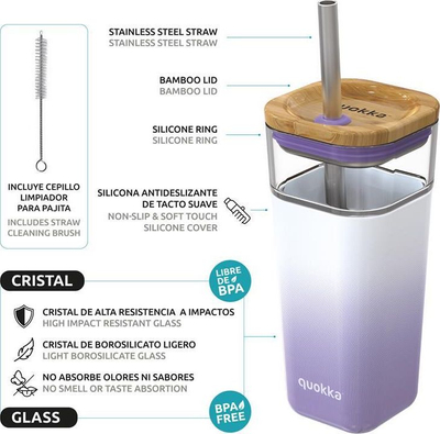 Gotë qelqi me kapak dhe pipëz inox, 540 ml, lilac gradient