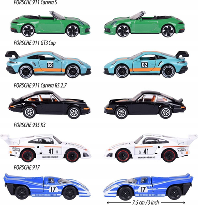 Set lodrash makina Majorette Porsche Edition 2023, 5 copë, shkallë 1/64, shumëngjyrësh