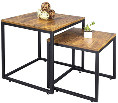 Set tavolinash kafe Rustic Square, 2‑në‑1, 45x50cm 40x45cm, me skelet çeliku të zi