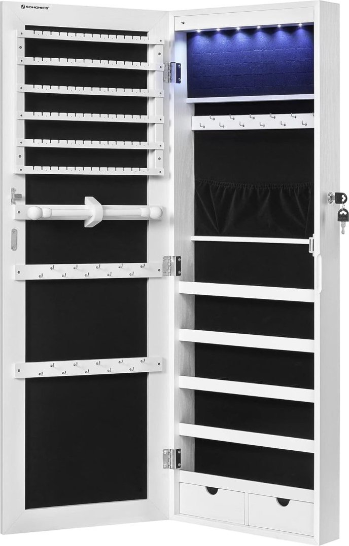 Kabinet për bizhuteri LEOBERT, me pasqyrë, montim në mur, 117x45x16 cm, i bardhë