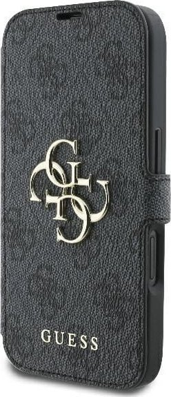 Futrollë “book” Guess GUBKP16S4GMGGR për iPhone 16 6.1", lëkurë ekologjike, logo metal, e zezë