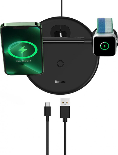 Karikues wireless 3 në 1 Baseus Swan, MagSafe, USB Type C, i zi