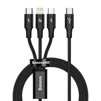 Kabllo karikimi Baseus CAMLT-SC01 3in1, USB-C në USB-C microUSB Lightning, 1.5m, 20W, e zezë