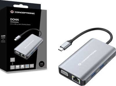 Docking station Conceptronic DONN21G, 7 në 1, HDMI VGA, gri