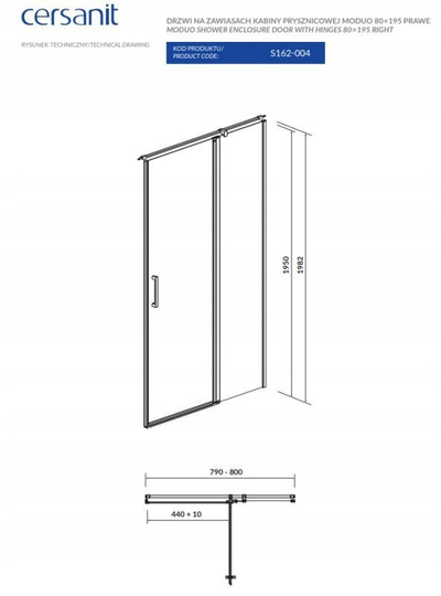 Dera dushi Cersanit Moduo, 80x195 cm, hapje djathtas, xham transparent