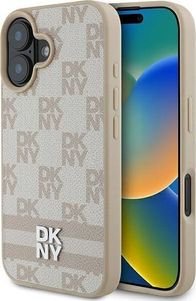 Mbulesë telefoni DKNY PU Leather, për iPhone 16, model checkered me vija, rozë