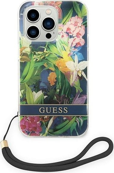 Mbulesë telefoni Guess Flower Strap për iPhone 14 Pro 6.1", hardcase, blu