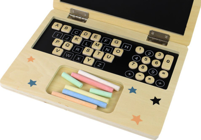 Lodër druri për mësim Blackboard Laptop, dërrasë e zezë me shkumës, kube me shkronja, shumëngjyrëshe