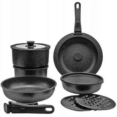 Set tenxhere dhe tigane Brunbeste, 13 pjesë, veshje mermeri, për induksion, i zi