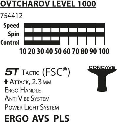 Raketë pingpongu Donic Ovtcharov Level 1000, sfungjer 2.3mm, dorezë ergonomike, e zezë