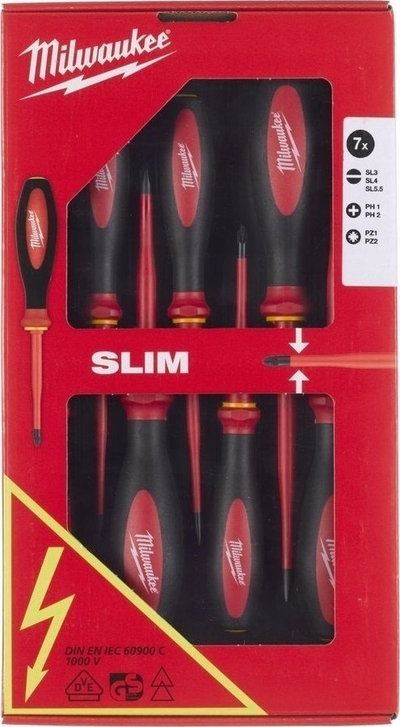 Set kaçavidash Milwaukee VDE Slim, 7 copë, i izolum 1000V, kuqe me zi
