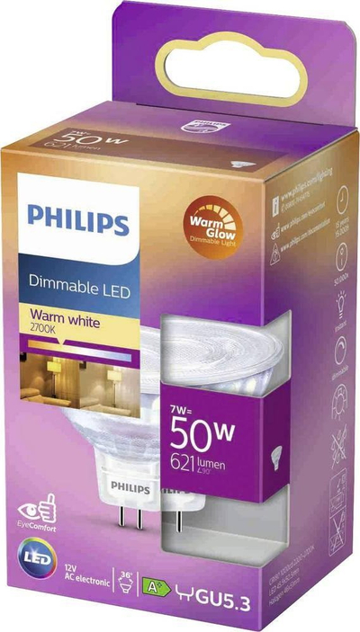 Llambë LED Philips 77403500 GU5.3, 7W sa një 50W, dritë e ngrohtë