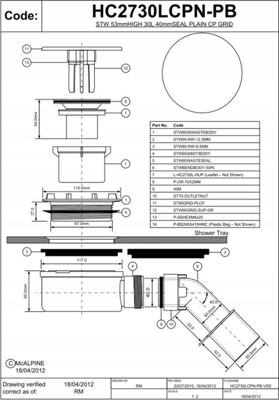 Sifon dushi McAlpine Low Shower Tray, 90mm, vetëpastrues, i zi mat