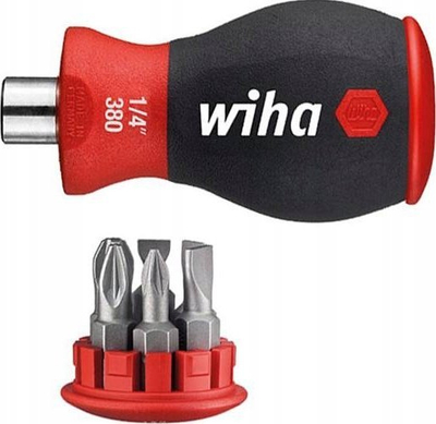 Kaçavidë e vogël stubby me bita Wiha 380, Phillips Pozidriv 1/4", e zezë me të kuqe