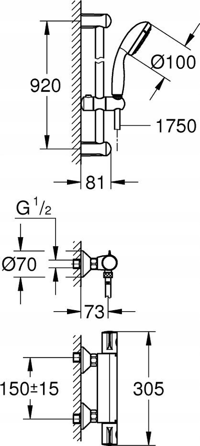 Bateri dushi termostatike Grohe Grohtherm 800 34566001, set me shufër dhe kokë dushi, krom me shkëlqim