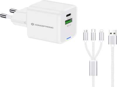Karikues Conceptronic me 2 porta GaN, 33W, USB PD QC 3.0 PPS, me kabllo 3 në 1, i bardhë
