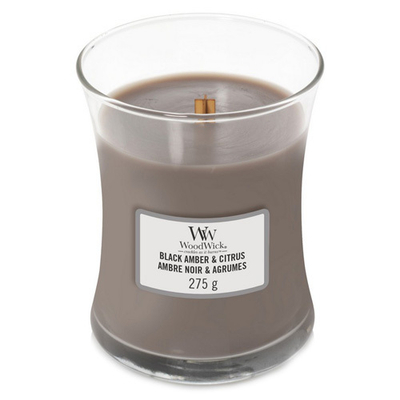 Qiri aromatik WoodWick Black Amber & Citrus, 275 g