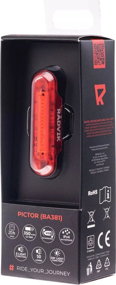 Dritë biçiklete PICTOR Lighting, LED i kuq, 20 lumen, e zezë