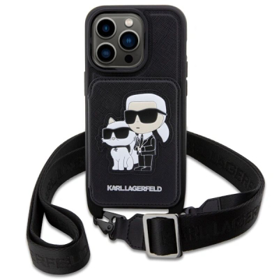 Mbrojtëse telefoni Karl Lagerfeld për iPhone 14 Pro, crossbody me xhep për karta, e zezë