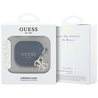 Kuti mbrojtëse Guess 4G Silicone Charm për AirPods 4, silikon, me varëse, e zezë