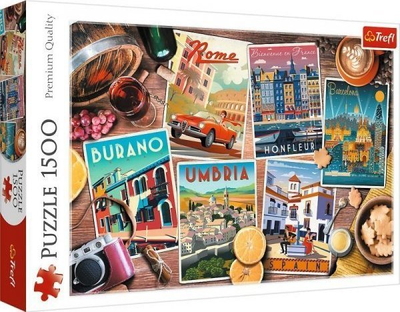 Puzzle Trefl Travel in Europe, 1500 pjesë, kolazh qytetesh, shumëngjyrësh