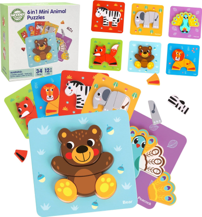 Puzzle druri Woopie 6n1 Mini Animal, 34 copa, Montessori, shumëngjyrësh