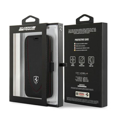 Këllëf telefoni Ferrari Off Track për iPhone 12 Mini, lëkurë natyrale, tip book, i zi