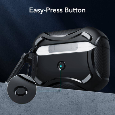 Mbulesë ESR Cyber Armor HaloLock MagSafe për Apple AirPods Pro 1 2, TPU e fortë, me karabinë, e zezë