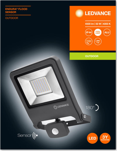 Prozhektor LED Ledvance Endura Flood me sensor, 50W, 4000K, gri e errët