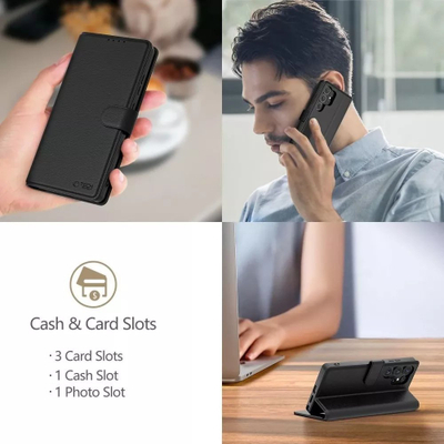 Këllëf-portofol Tech-Protect për iPhone 16e, lëkurë eko, me këmbë qëndrimi, i zi mat