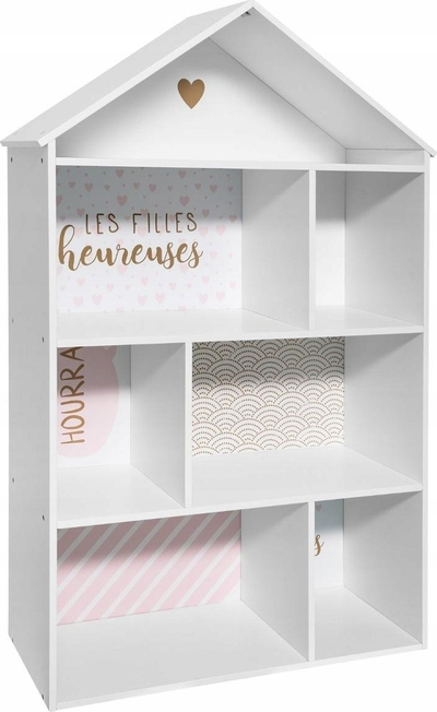 Raft lodrash Homek Toy Shelf, 7 ndarje, formë shpie, bardh e rozë