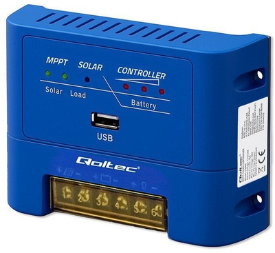 Kontrollues diellor Qoltec MPPT 15A, rrymë 12V 24V, për bateri dhe ngarkesa DC, i zi