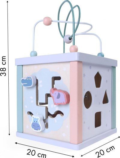 Kub druri edukativ ECOTOYS, sorter formash, labirint rruazash, ngjyra pastel