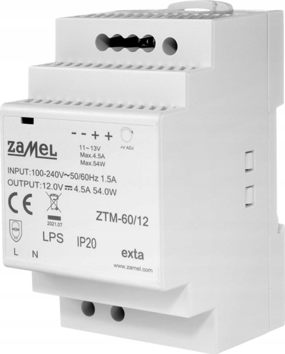 Furnizues energjie Zamel Switched Mode, 60W, montim në shinë DIN TH-35, IP20