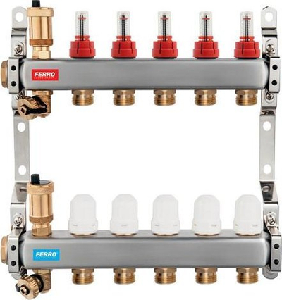 Manifold ngrohje Novaservis SN-RZPU06S, 6 qarqe, matës rrjedhje, çelik inox