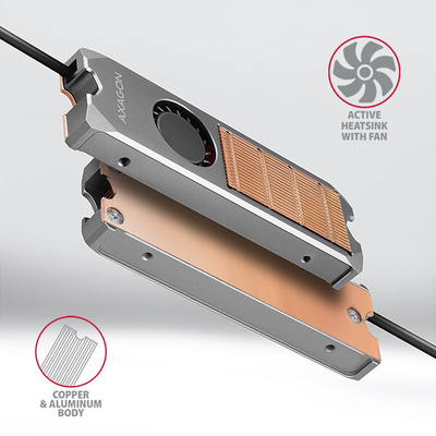 Ftohës bakri me ventilator AXAGON CLR-M2FAN për SSD të dyanshme M.2, lartësia 13 mm
