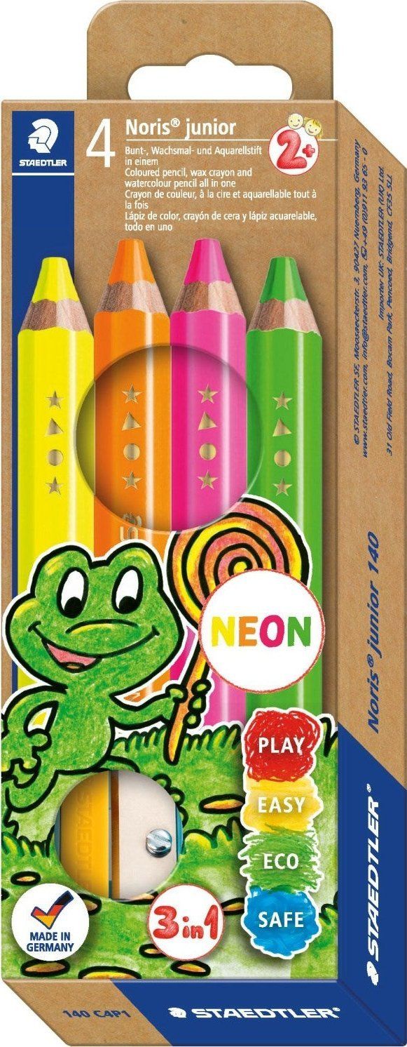 Set lapsa ngjyrues STAEDTLER Noris Junior NEON, 4 copë, me mprehëse