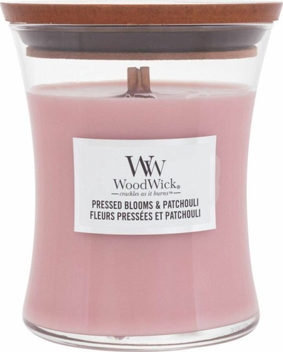 Qiri WoodWick Pressed Blooms &amp; Patchouli, medium hourglass, erë lulesh dhe patchouli, rozë