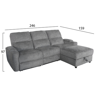 Divan qoshe me recliner SYNTHIA HM3308.03R, 246x159cm, me hapësirë ruajtjeje, gri
